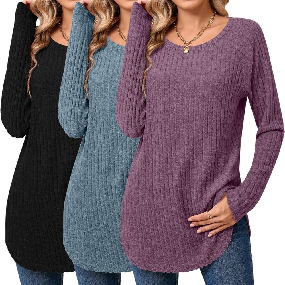 3 Pack Women's Long Sleeve Sweaters Pullover Curved Hem Casual Tops
